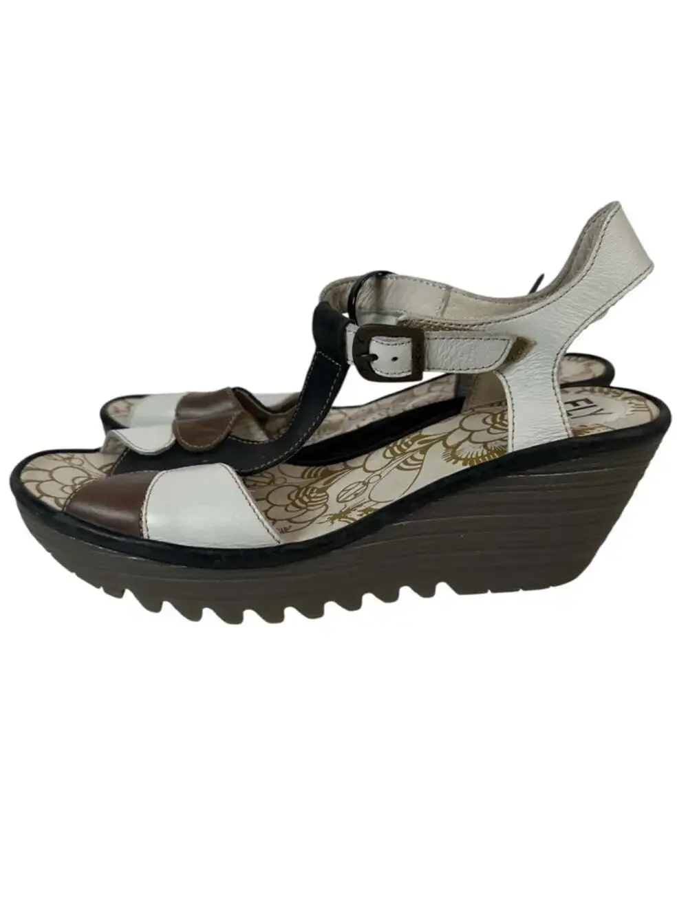 Fly London Yima Leather Colorblock Platform Wedge Sandals Euro 40 Womens